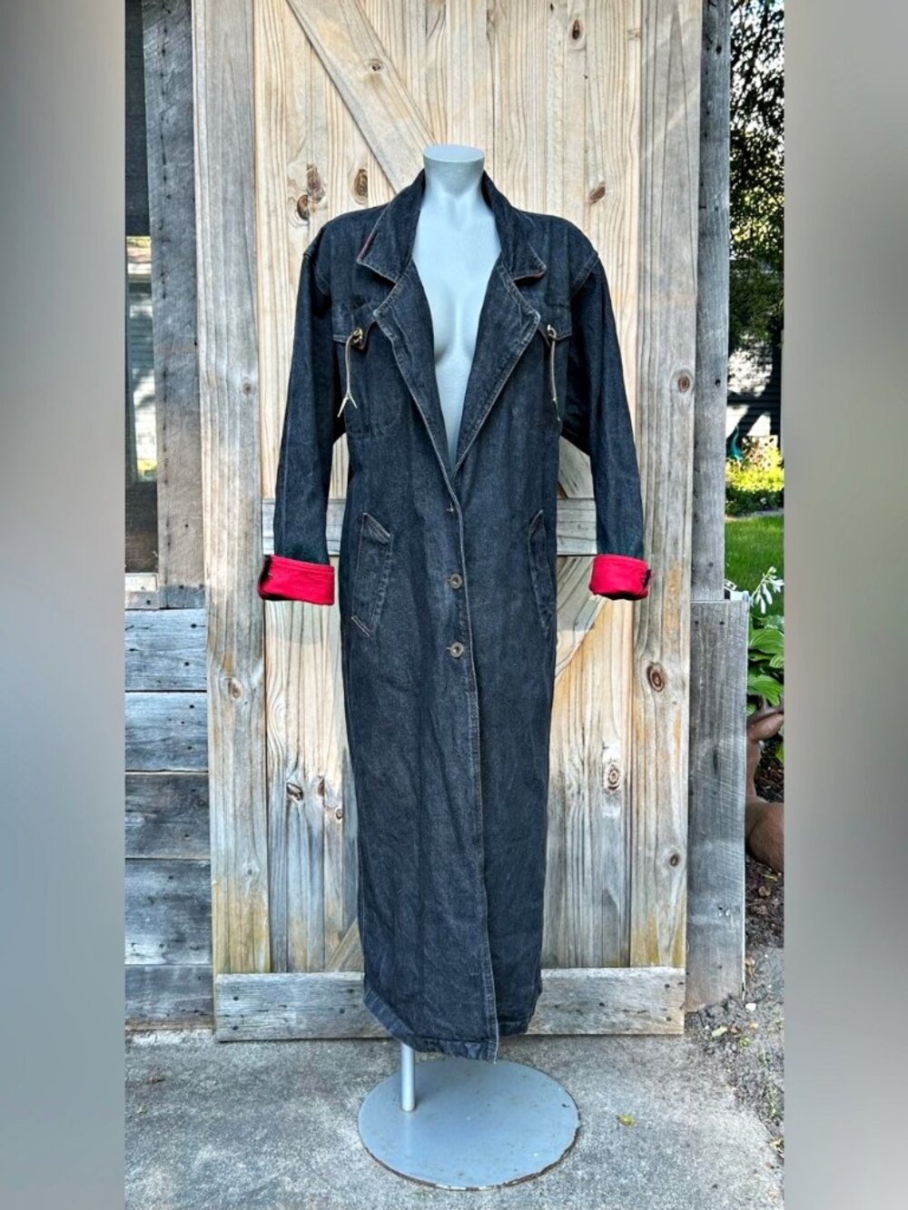 Vintage 80s Andy Johns Womens Long Black Denim Western Duster Coat~M~USA
